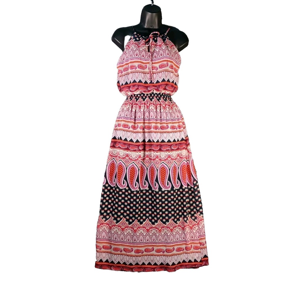 Petite Maxi Dress Size 4P Red Black Tribal Print Halter Sleeveless Boho EnFocus